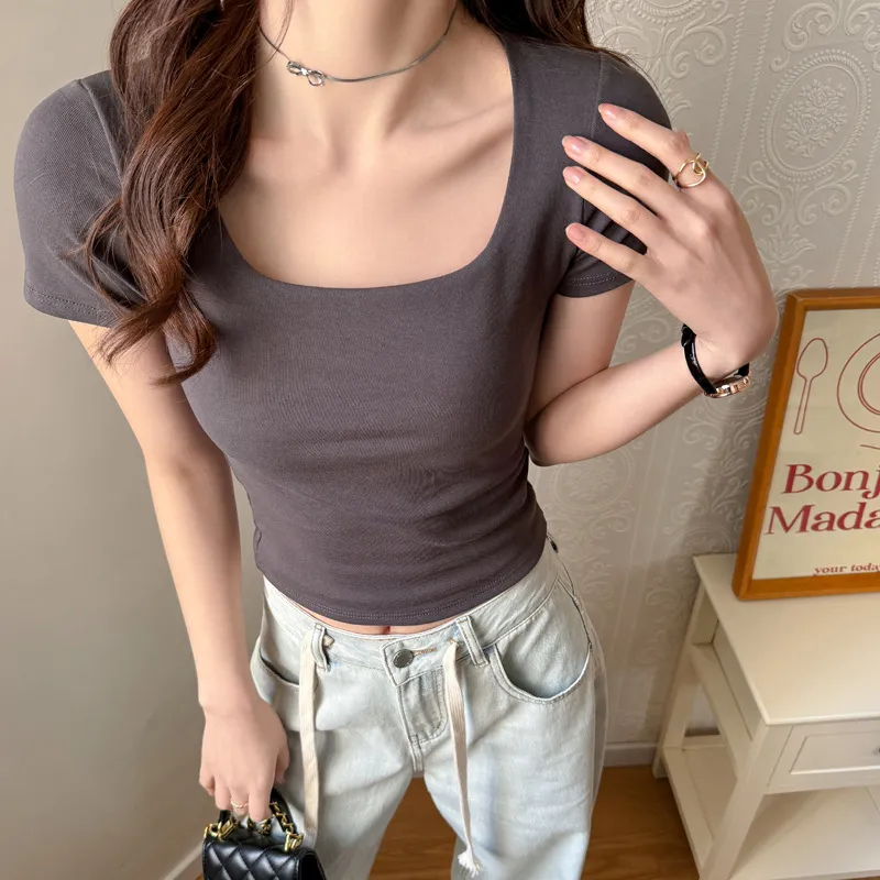 Women's Korean Style Pure Cotton T-Shirt - Square Collar Slim Fit Short Sleeve Top - Trendy Spice Girl Fashion Basic Tee thumbnail 6