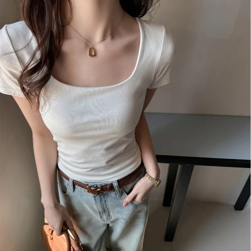 Women's Korean Style Pure Cotton T-Shirt - Square Collar Slim Fit Short Sleeve Top - Trendy Spice Girl Fashion Basic Tee thumbnail 7