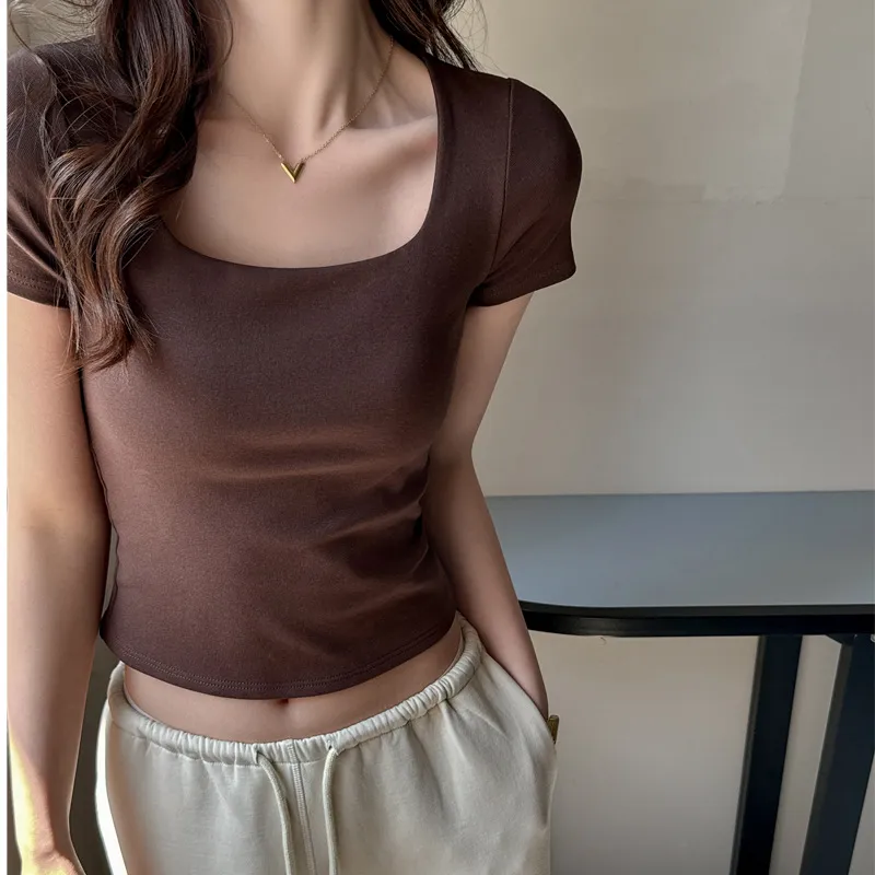 Women's Korean Style Pure Cotton T-Shirt - Square Collar Slim Fit Short Sleeve Top - Trendy Spice Girl Fashion Basic Tee thumbnail 9
