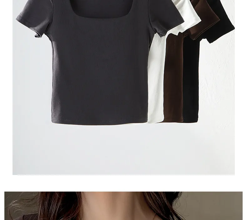 Women's Korean Style Pure Cotton T-Shirt - Square Collar Slim Fit Short Sleeve Top - Trendy Spice Girl Fashion Basic Tee showcase 11