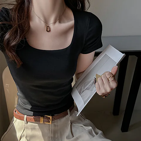 Women's Korean Style Pure Cotton T-Shirt - Square Collar Slim Fit Short Sleeve Top - Trendy Spice Girl Fashion Basic Tee
