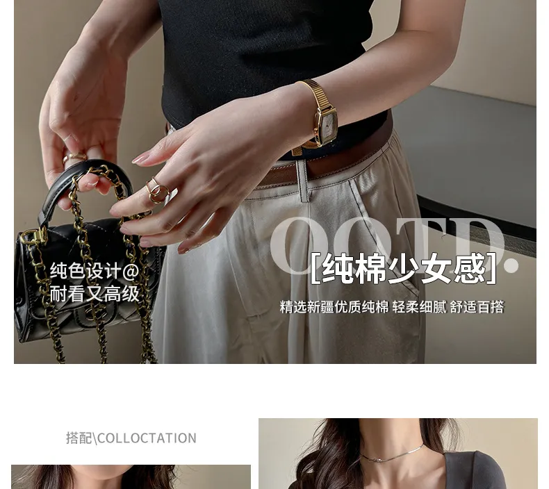 Women's Korean Style Pure Cotton T-Shirt - Square Collar Slim Fit Short Sleeve Top - Trendy Spice Girl Fashion Basic Tee showcase 4