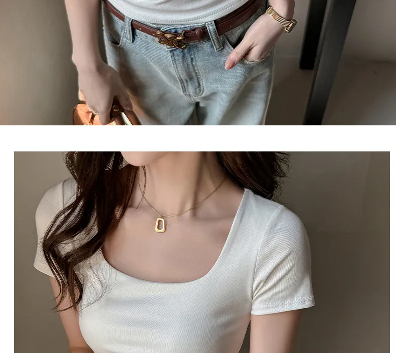 Women's Korean Style Pure Cotton T-Shirt - Square Collar Slim Fit Short Sleeve Top - Trendy Spice Girl Fashion Basic Tee showcase 18