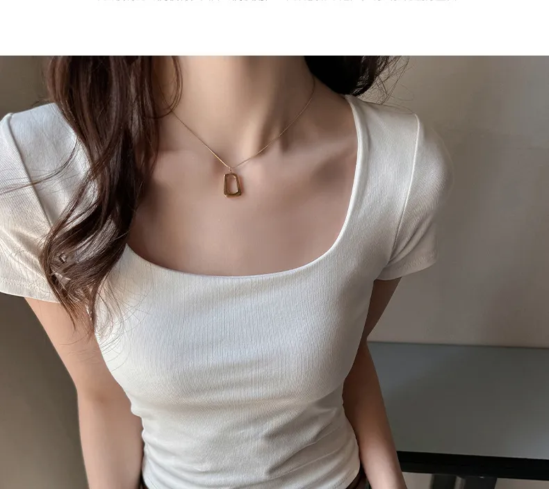 Women's Korean Style Pure Cotton T-Shirt - Square Collar Slim Fit Short Sleeve Top - Trendy Spice Girl Fashion Basic Tee showcase 17