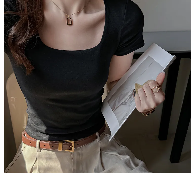 Women's Korean Style Pure Cotton T-Shirt - Square Collar Slim Fit Short Sleeve Top - Trendy Spice Girl Fashion Basic Tee showcase 20