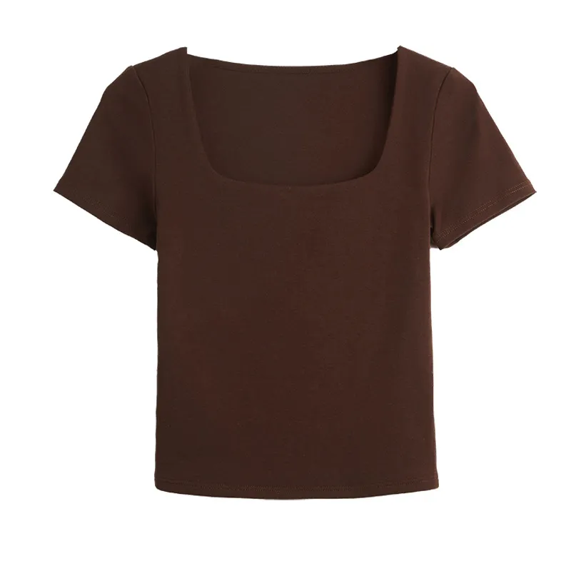 Women's Korean Style Pure Cotton T-Shirt - Square Collar Slim Fit Short Sleeve Top - Trendy Spice Girl Fashion Basic Tee thumbnail 5