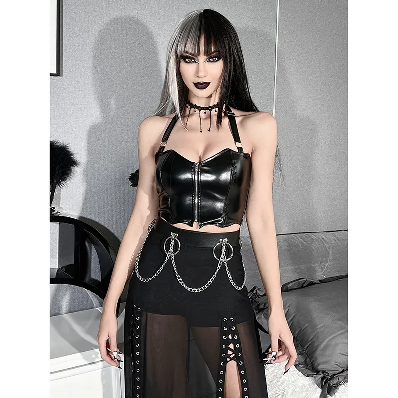Women's Sexy Dark Bat Vest Summer Halter Top - Zipper Navel-Baring Tight Fit European American Style thumbnail 4
