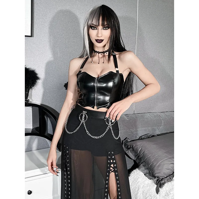 Women's Sexy Dark Bat Vest Summer Halter Top - Zipper Navel-Baring Tight Fit European American Style showcase 20