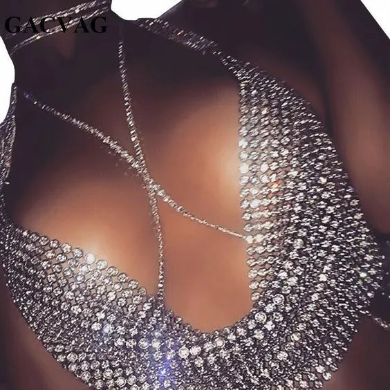 Sparkling Diamond Chain Strap Halter Top - Women's Low-Cut Backless Nightclub Vest for Fashionable Evenings showcase 2