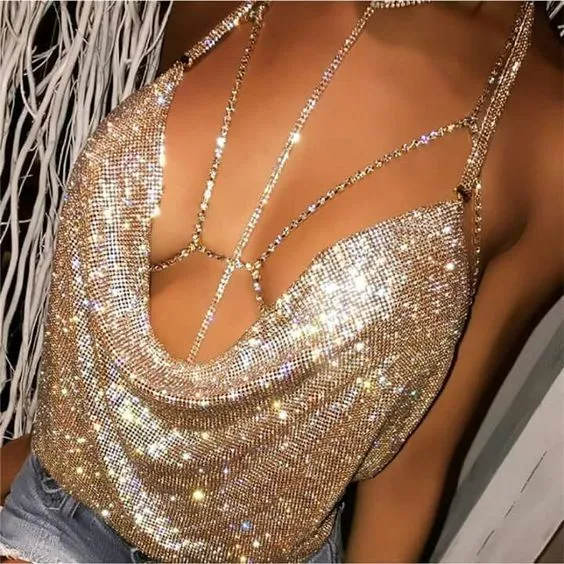 Sparkling Diamond Chain Strap Halter Top - Women's Low-Cut Backless Nightclub Vest for Fashionable Evenings - Image 2