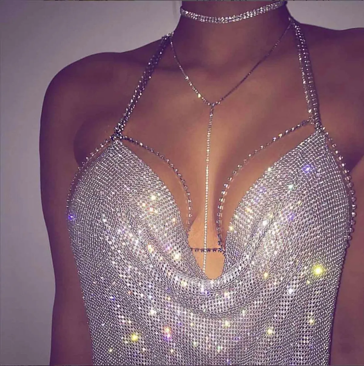 Sparkling Diamond Chain Strap Halter Top - Women's Low-Cut Backless Nightclub Vest for Fashionable Evenings showcase 3