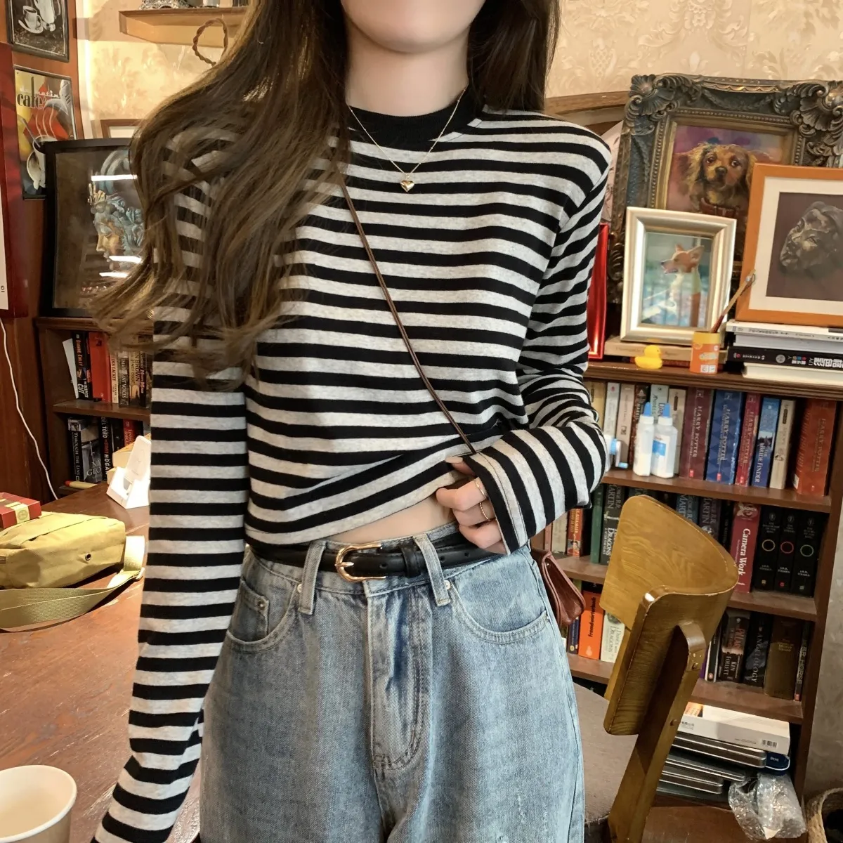 Women's Contrast Color Striped Long-Sleeve T-Shirt - Casual Slim Fit Inner Layering Top for Autumn - Image 2