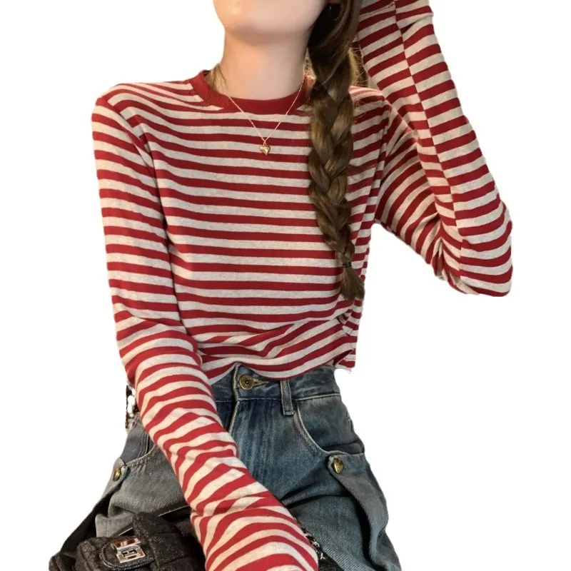 Women's Contrast Color Striped Long-Sleeve T-Shirt - Casual Slim Fit Inner Layering Top for Autumn - Image 5