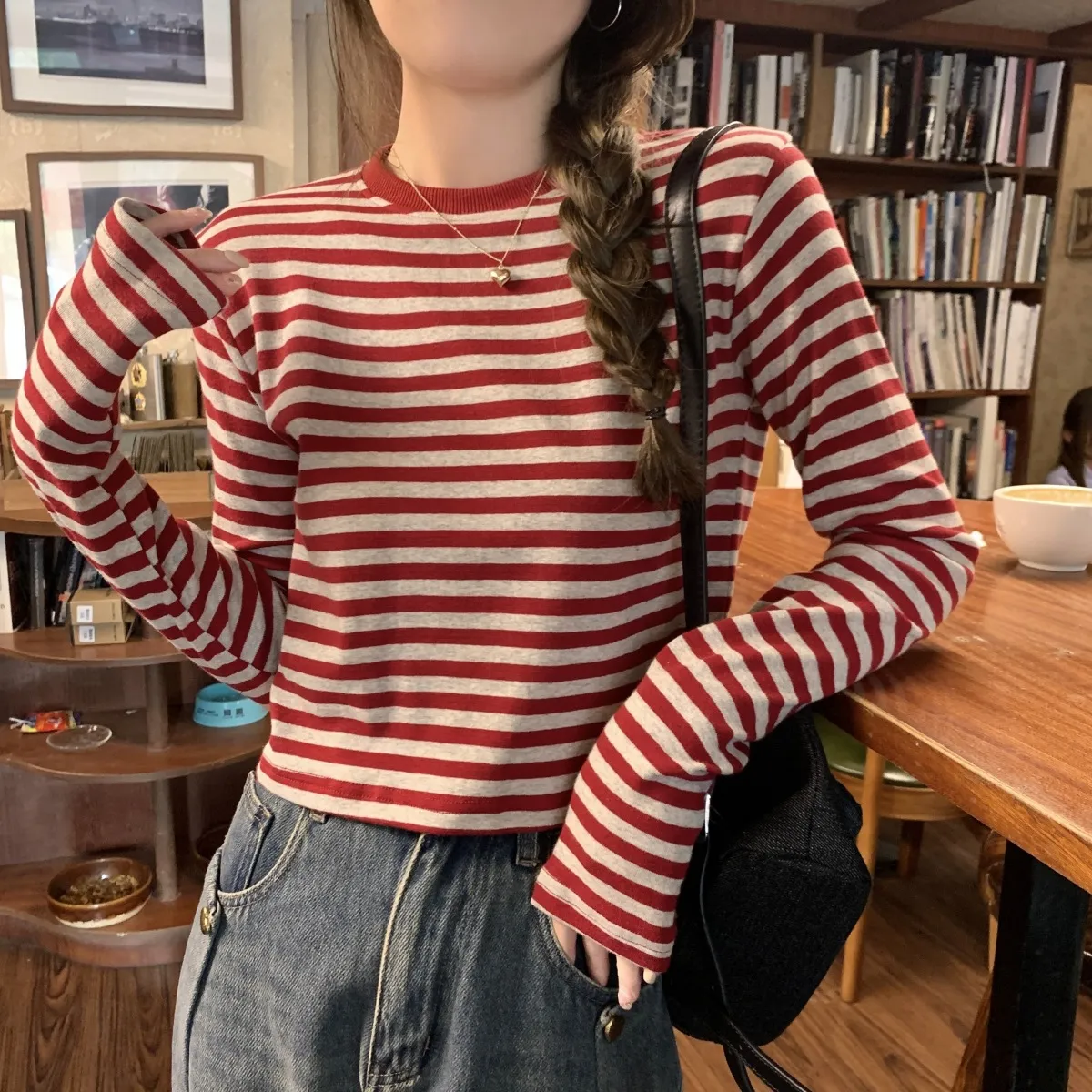 Women's Contrast Color Striped Long-Sleeve T-Shirt - Casual Slim Fit Inner Layering Top for Autumn - Image 3