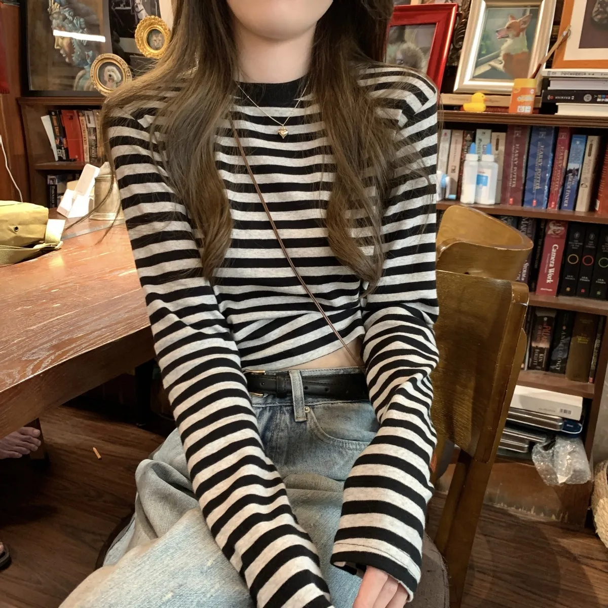 Women's Contrast Color Striped Long-Sleeve T-Shirt - Casual Slim Fit Inner Layering Top for Autumn showcase 8