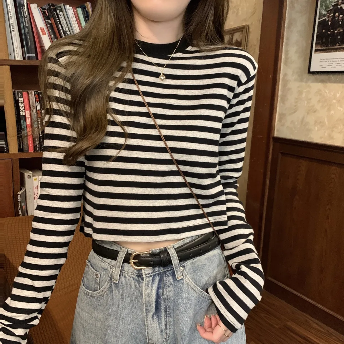 Women's Contrast Color Striped Long-Sleeve T-Shirt - Casual Slim Fit Inner Layering Top for Autumn showcase 4