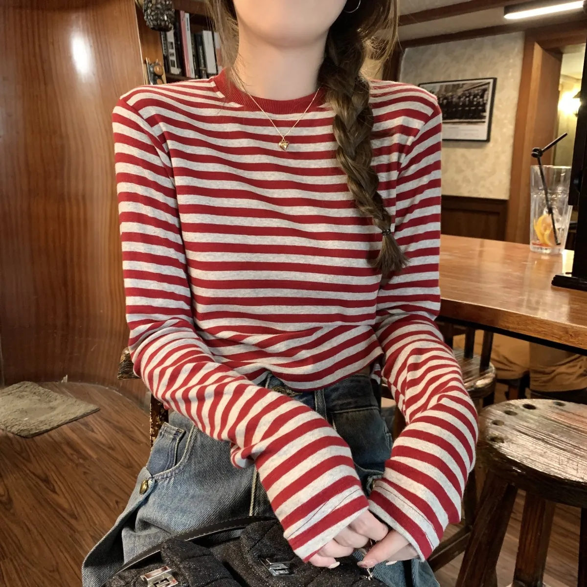 Women's Contrast Color Striped Long-Sleeve T-Shirt - Casual Slim Fit Inner Layering Top for Autumn showcase 20