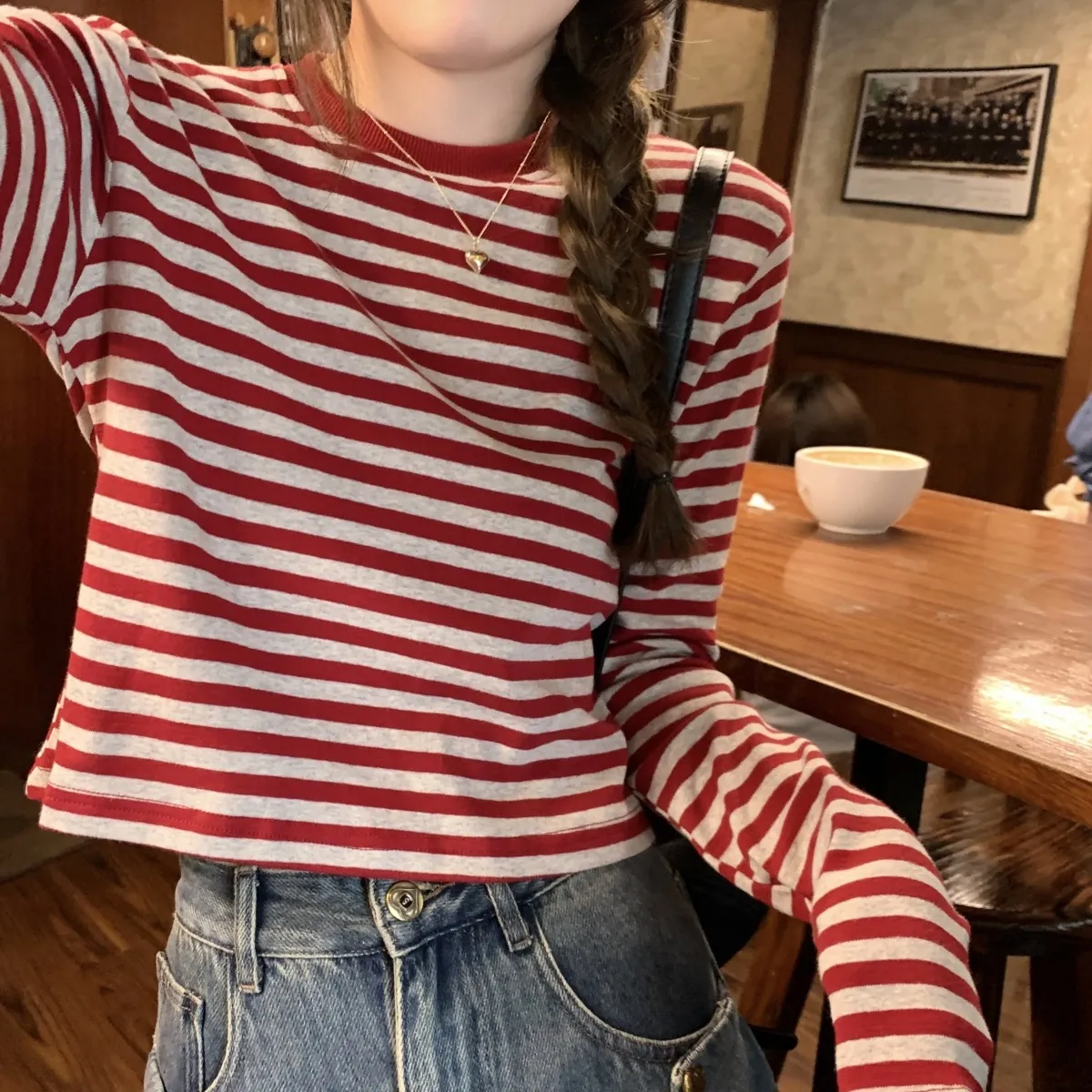 Women's Contrast Color Striped Long-Sleeve T-Shirt - Casual Slim Fit Inner Layering Top for Autumn showcase 15