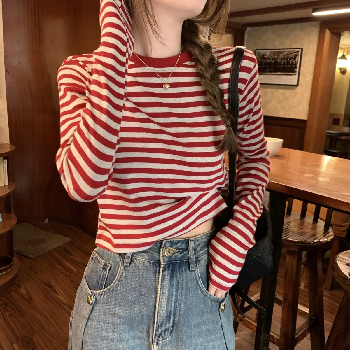 Women's Contrast Color Striped Long-Sleeve T-Shirt - Casual Slim Fit Inner Layering Top for Autumn showcase 19