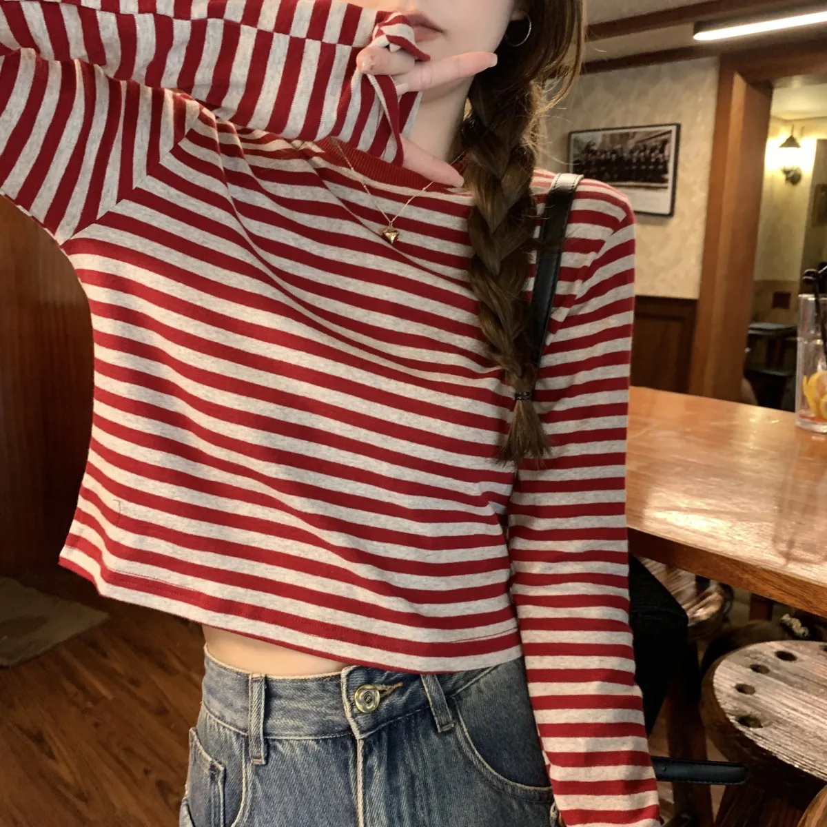 Women's Contrast Color Striped Long-Sleeve T-Shirt - Casual Slim Fit Inner Layering Top for Autumn showcase 17