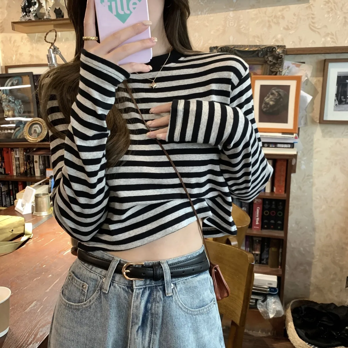 Women's Contrast Color Striped Long-Sleeve T-Shirt - Casual Slim Fit Inner Layering Top for Autumn showcase 11