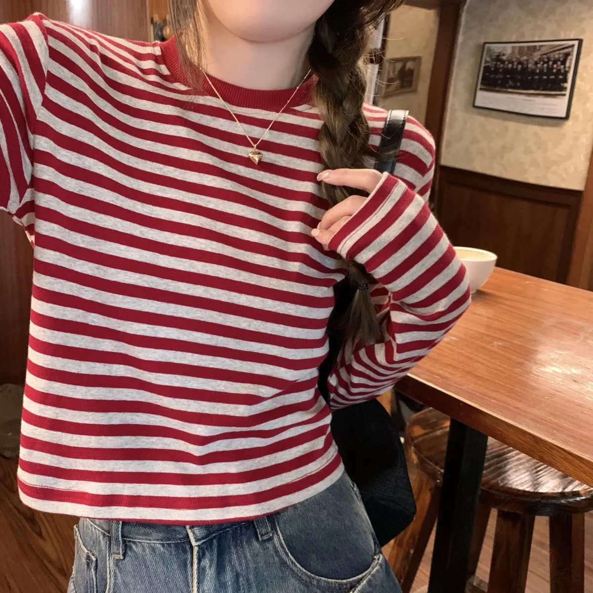 Women's Contrast Color Striped Long-Sleeve T-Shirt - Casual Slim Fit Inner Layering Top for Autumn showcase 14