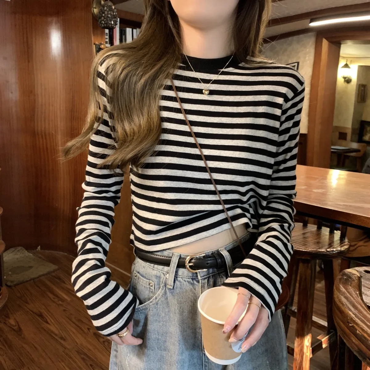 Women's Contrast Color Striped Long-Sleeve T-Shirt - Casual Slim Fit Inner Layering Top for Autumn showcase 7