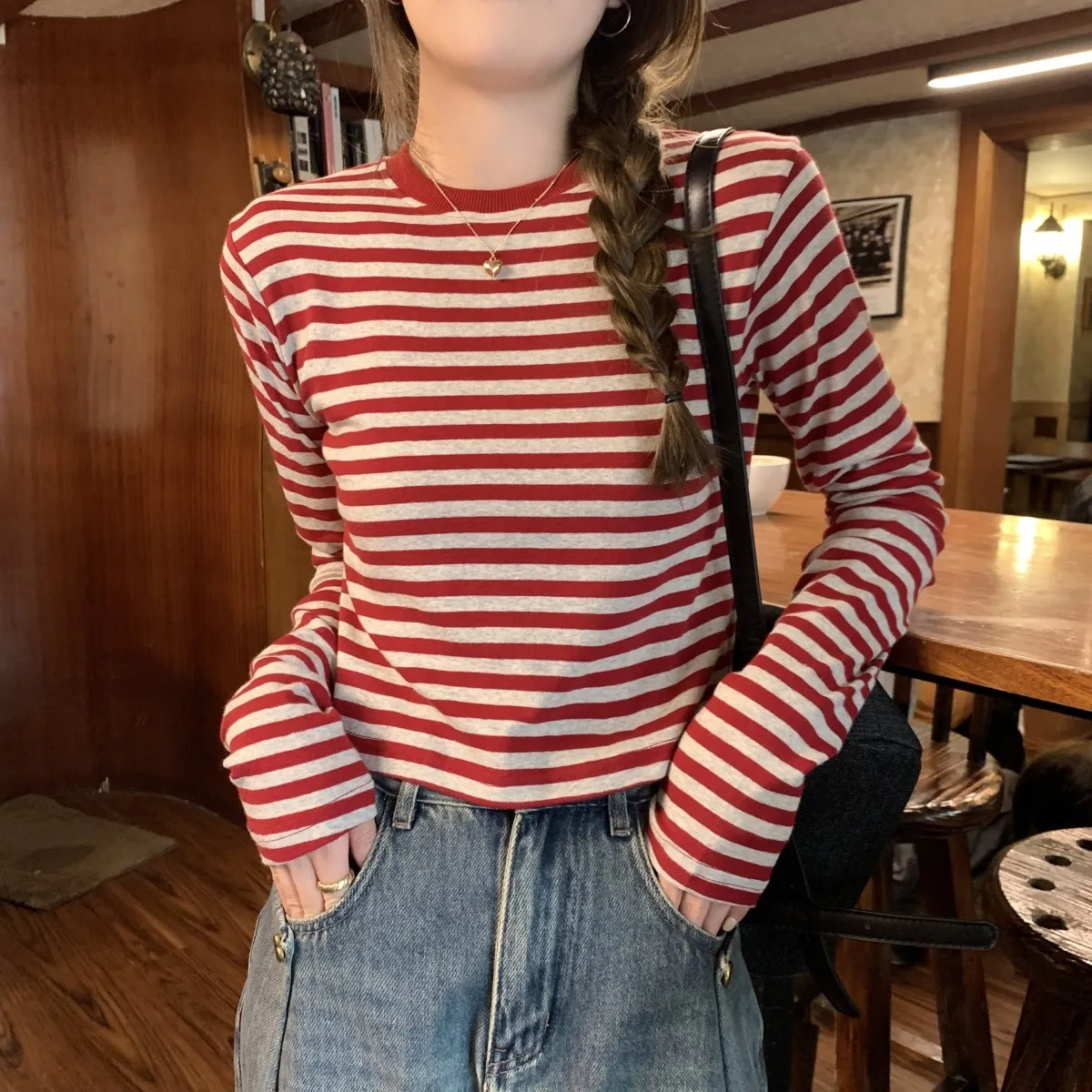 Women's Contrast Color Striped Long-Sleeve T-Shirt - Casual Slim Fit Inner Layering Top for Autumn showcase 16