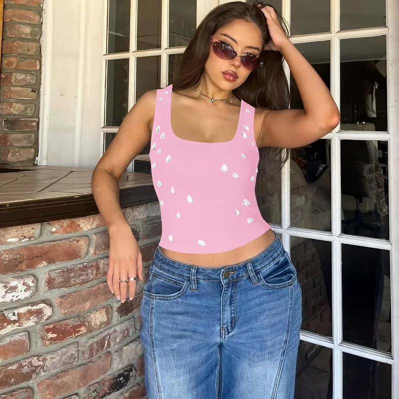Amazon Women's 2025 Summer Fashion Sexy Slim U-Neck Beaded Vest Top - Chic Sleeveless Blouse for Stylish Ladies showcase 14