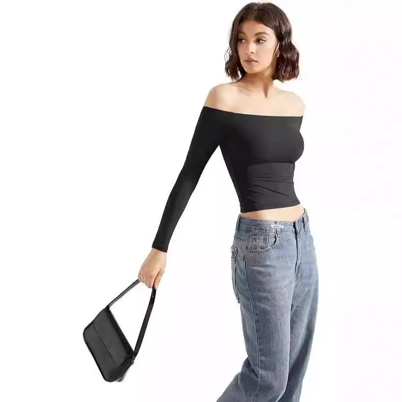 Sexy Women's Long Sleeve One-Shoulder Navel-Baring Short Pullover T-Shirt - Fashionable Autumn Top for Ladies - Image 4