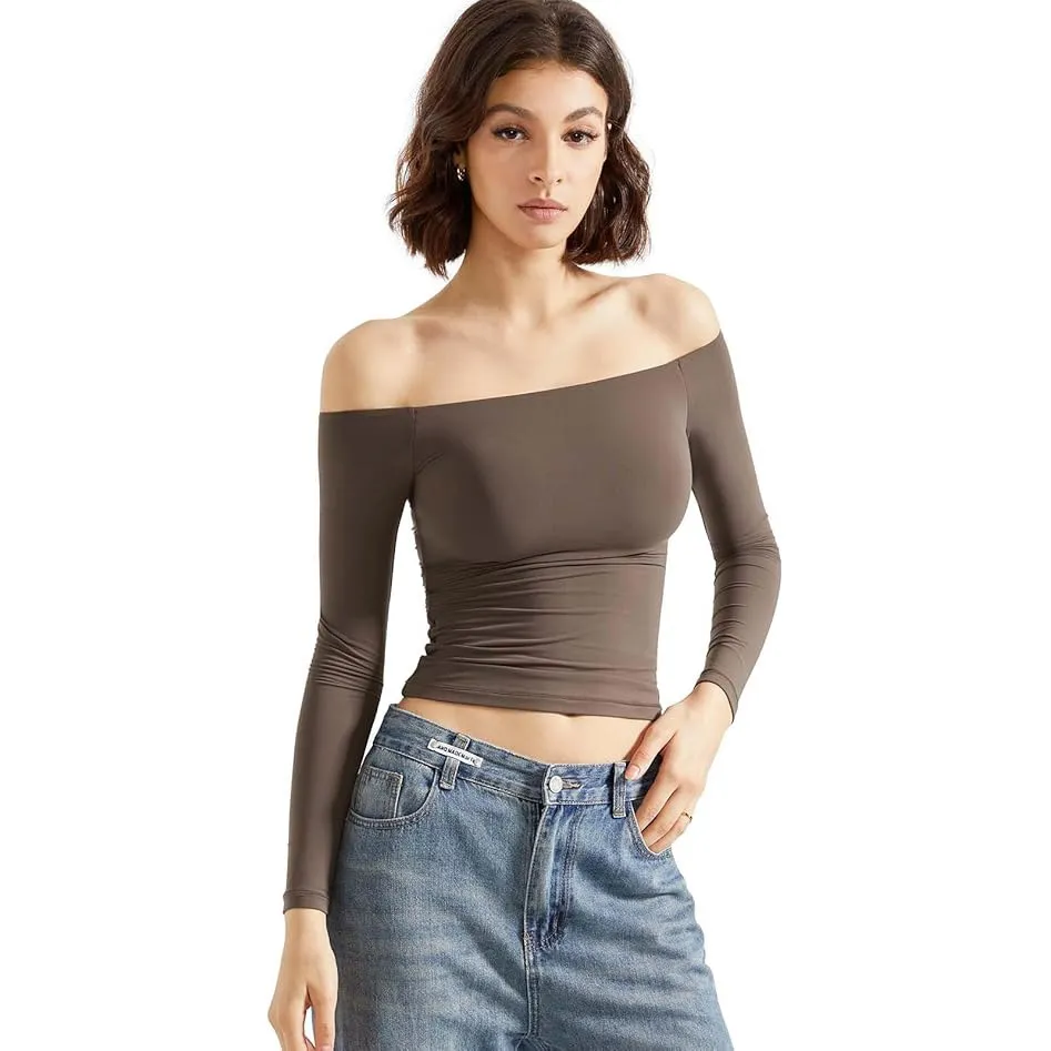 Sexy Women's Long Sleeve One-Shoulder Navel-Baring Short Pullover T-Shirt - Fashionable Autumn Top for Ladies - Image 9