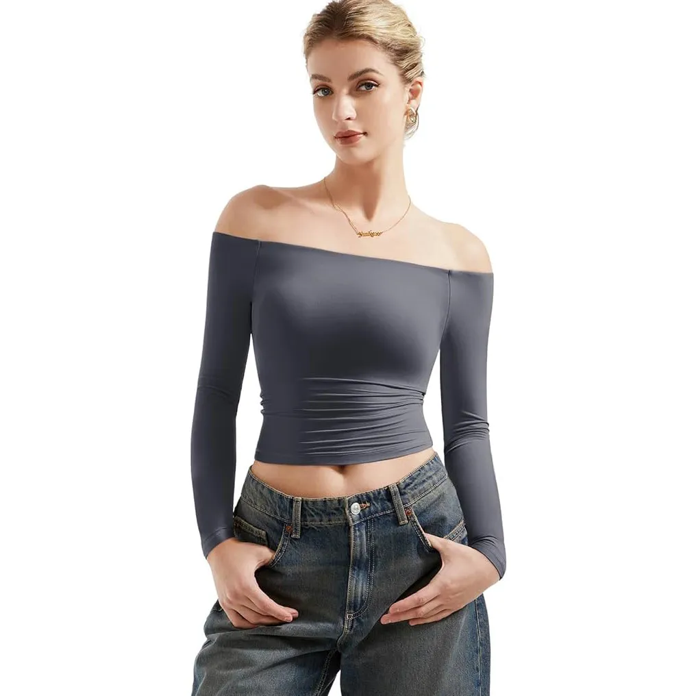 Sexy Women's Long Sleeve One-Shoulder Navel-Baring Short Pullover T-Shirt - Fashionable Autumn Top for Ladies - Image 7