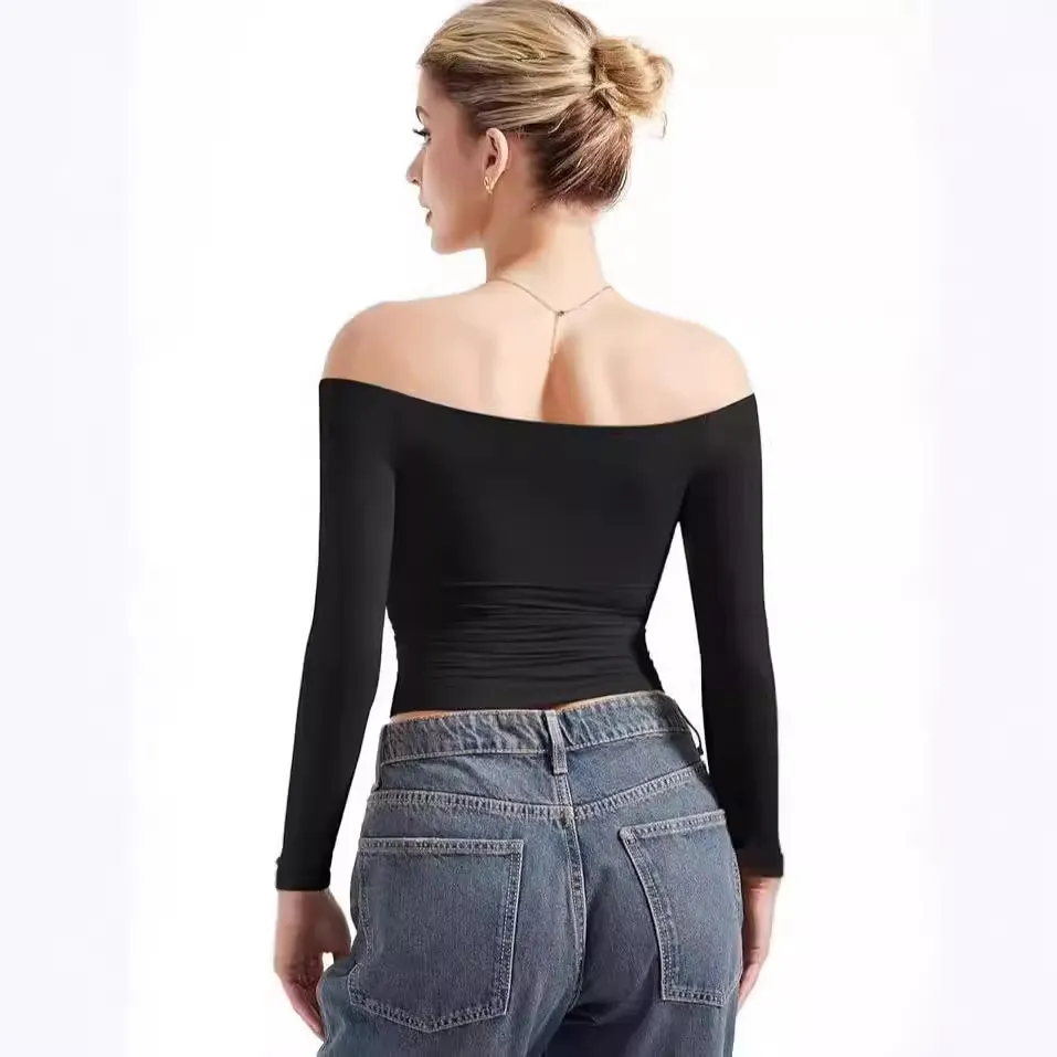 Sexy Women's Long Sleeve One-Shoulder Navel-Baring Short Pullover T-Shirt - Fashionable Autumn Top for Ladies - Image 3