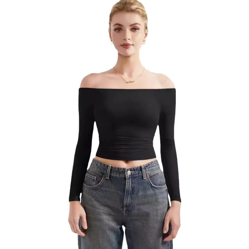 Sexy Women's Long Sleeve One-Shoulder Navel-Baring Short Pullover T-Shirt - Fashionable Autumn Top for Ladies showcase 5