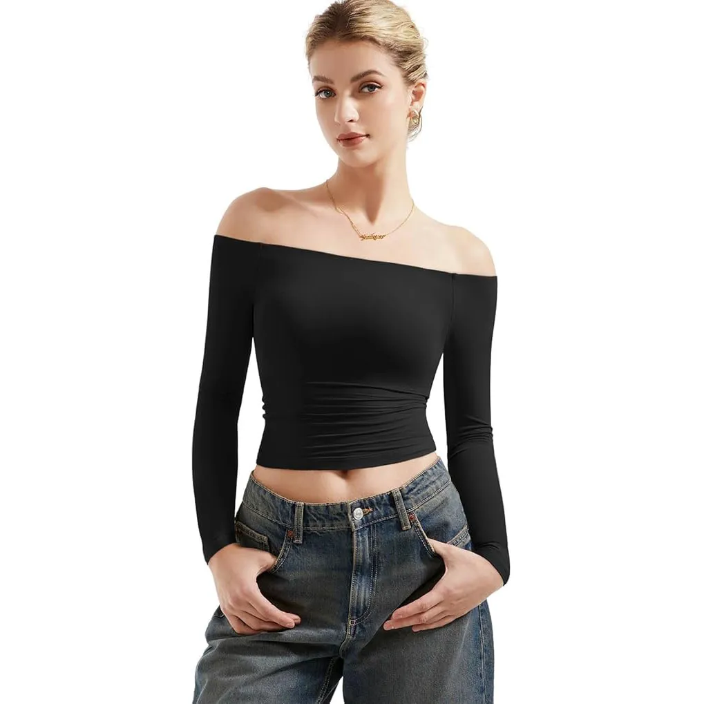 Sexy Women's Long Sleeve One-Shoulder Navel-Baring Short Pullover T-Shirt - Fashionable Autumn Top for Ladies - Image 10