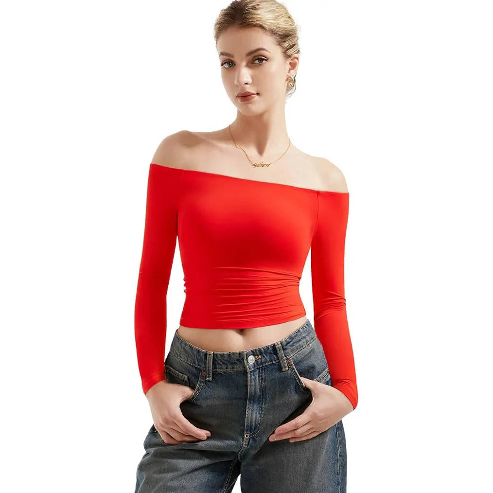 Sexy Women's Long Sleeve One-Shoulder Navel-Baring Short Pullover T-Shirt - Fashionable Autumn Top for Ladies - Image 6