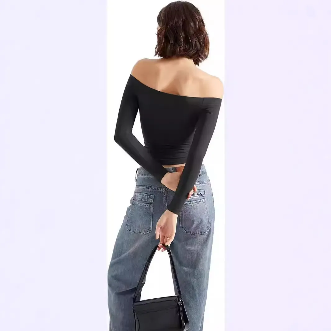 Sexy Women's Long Sleeve One-Shoulder Navel-Baring Short Pullover T-Shirt - Fashionable Autumn Top for Ladies - Image 2