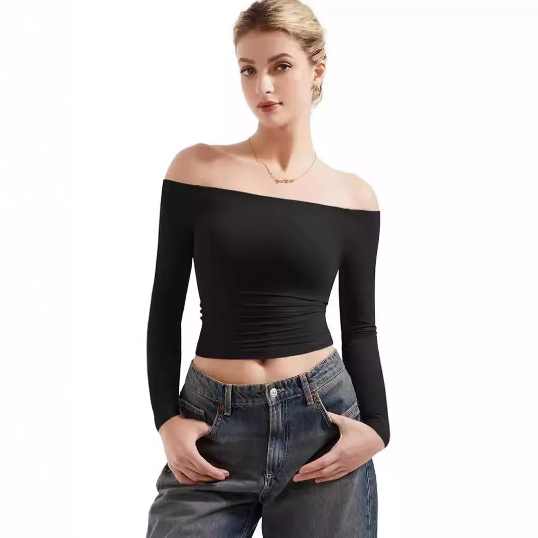 Sexy Women's Long Sleeve One-Shoulder Navel-Baring Short Pullover T-Shirt - Fashionable Autumn Top for Ladies showcase 9
