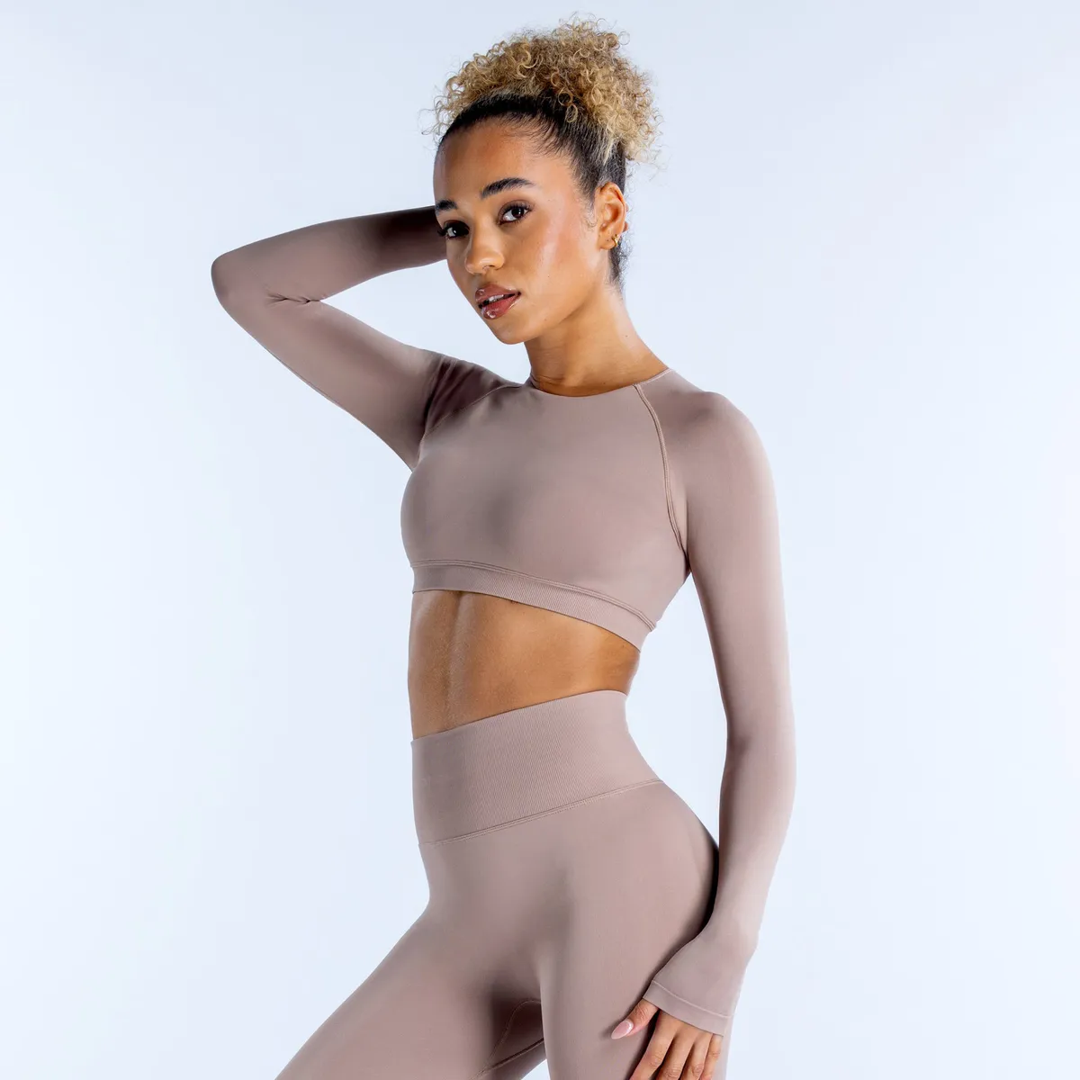 DFYNE Women's Crewneck Long Sleeve Crop Top with Hollow Back - Breathable Yoga & Athletic Wear for Active Lifestyles showcase 1