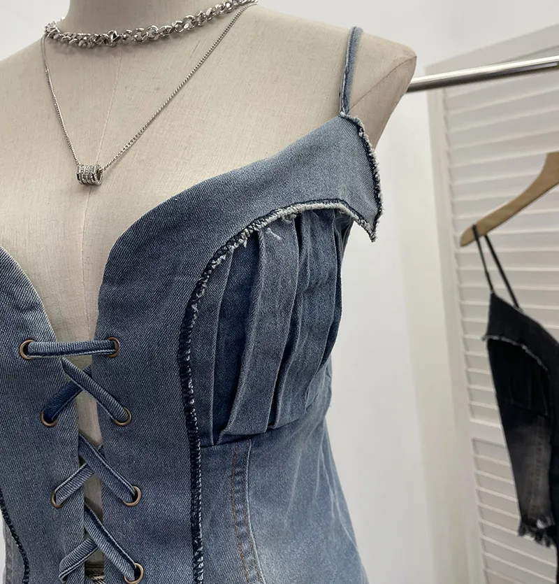 American Retro Spice Girl Lace-Up Tassel Denim Camisole Top - Sleeveless Navel-Baring Style for Women showcase 10
