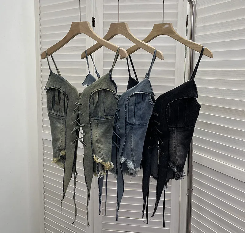 American Retro Spice Girl Lace-Up Tassel Denim Camisole Top - Sleeveless Navel-Baring Style for Women showcase 1