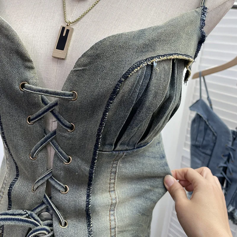 American Retro Spice Girl Lace-Up Tassel Denim Camisole Top - Sleeveless Navel-Baring Style for Women showcase 4
