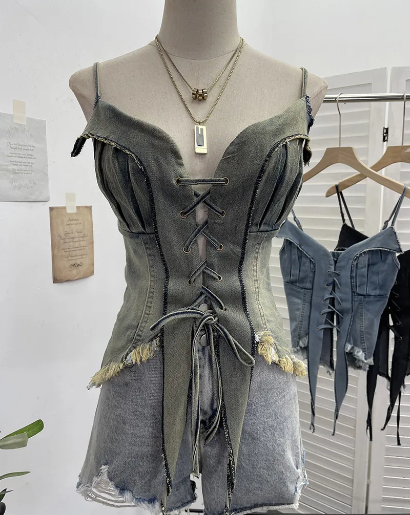 American Retro Spice Girl Lace-Up Tassel Denim Camisole Top - Sleeveless Navel-Baring Style for Women thumbnail 8