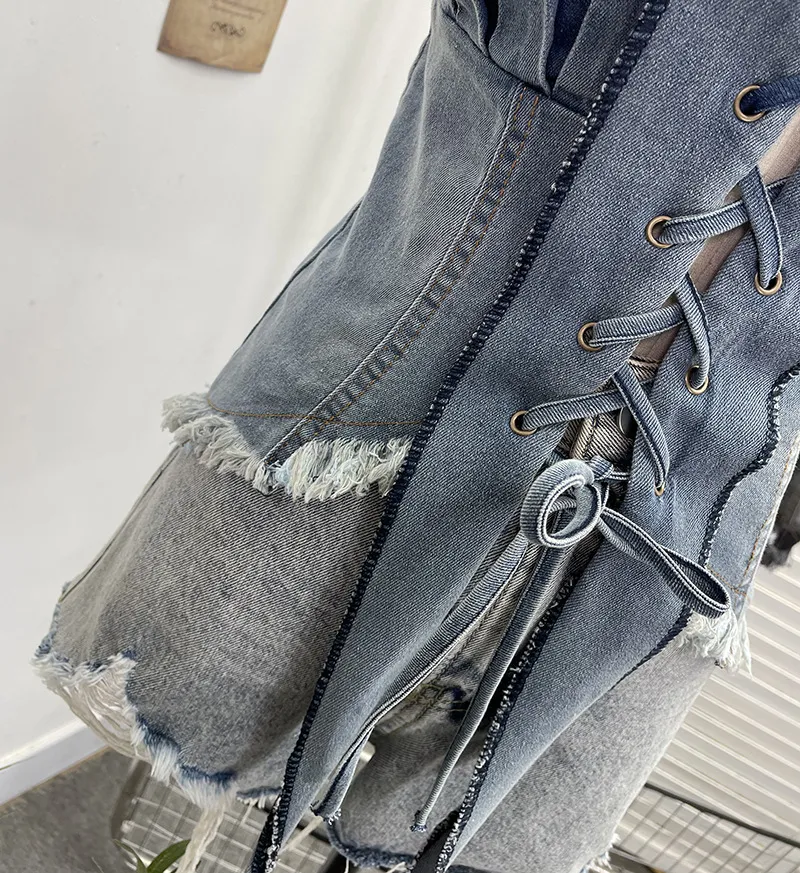 American Retro Spice Girl Lace-Up Tassel Denim Camisole Top - Sleeveless Navel-Baring Style for Women showcase 12
