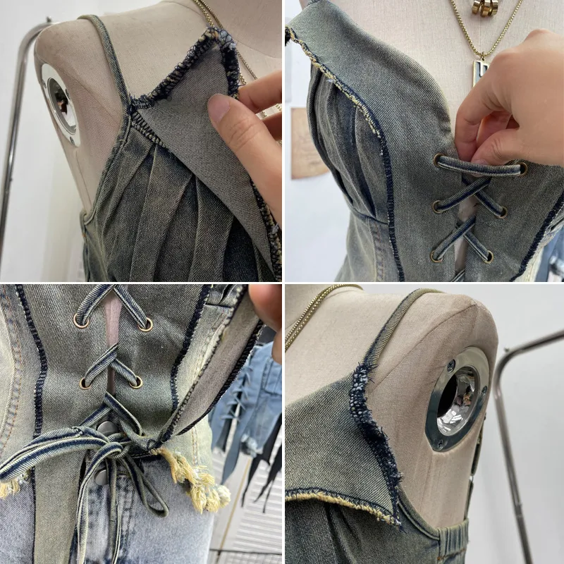 American Retro Spice Girl Lace-Up Tassel Denim Camisole Top - Sleeveless Navel-Baring Style for Women showcase 6