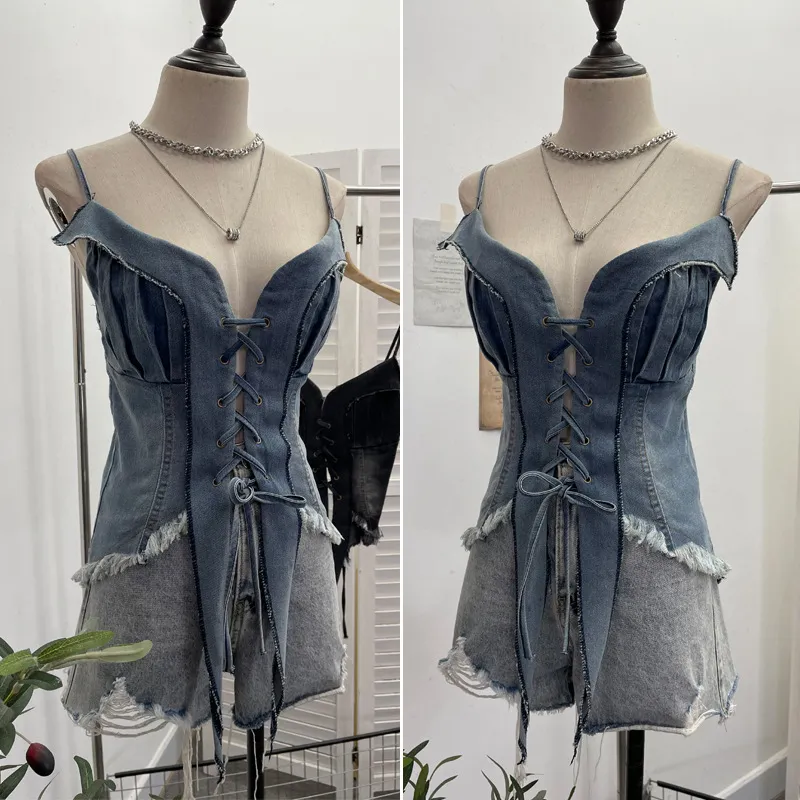 American Retro Spice Girl Lace-Up Tassel Denim Camisole Top - Sleeveless Navel-Baring Style for Women showcase 8