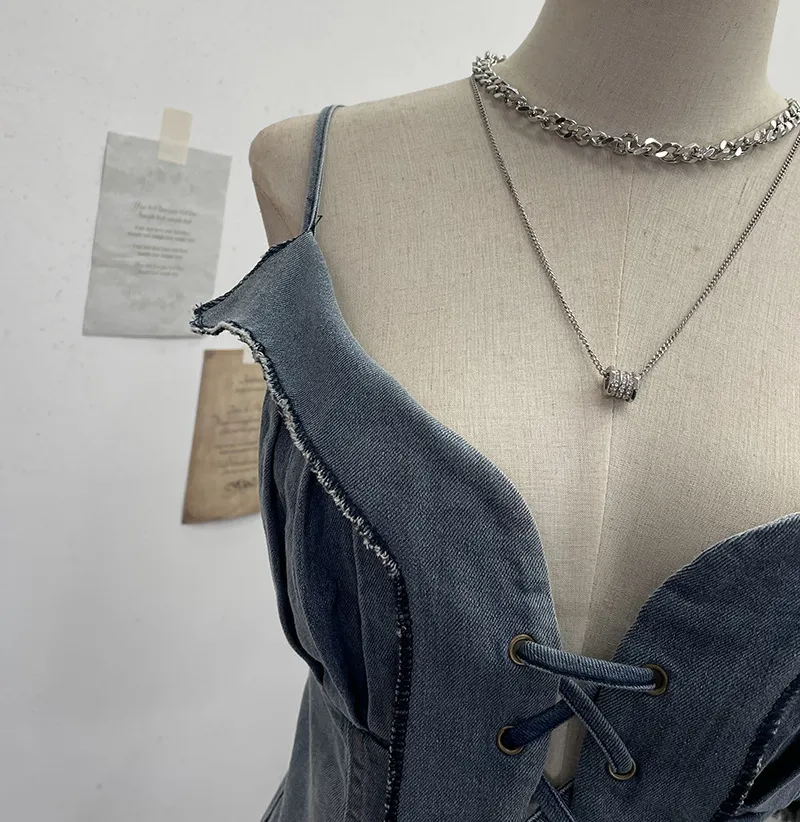 American Retro Spice Girl Lace-Up Tassel Denim Camisole Top - Sleeveless Navel-Baring Style for Women showcase 9