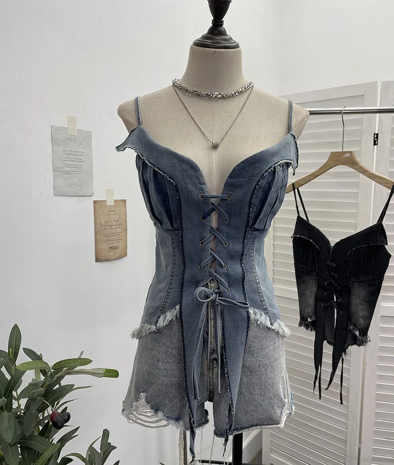 American Retro Spice Girl Lace-Up Tassel Denim Camisole Top - Sleeveless Navel-Baring Style for Women thumbnail 7
