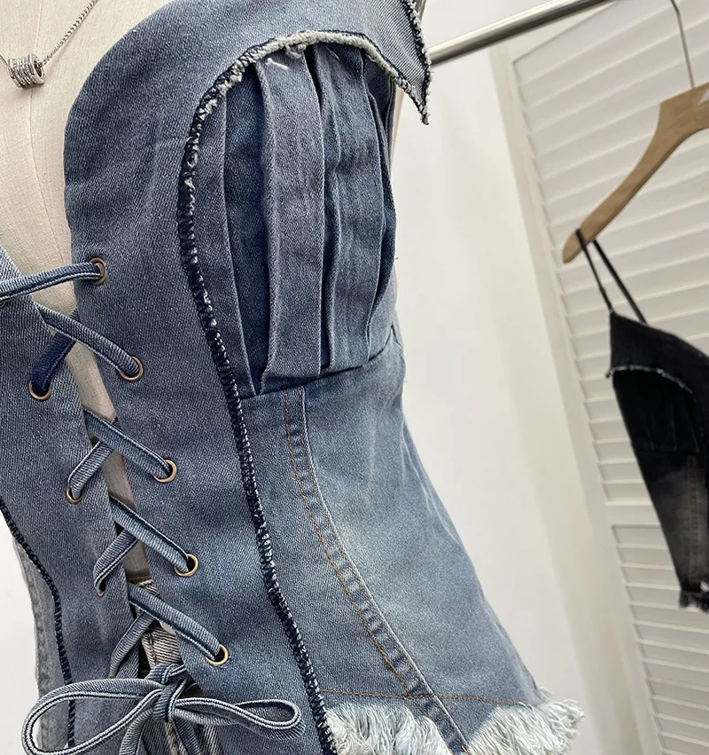 American Retro Spice Girl Lace-Up Tassel Denim Camisole Top - Sleeveless Navel-Baring Style for Women showcase 11