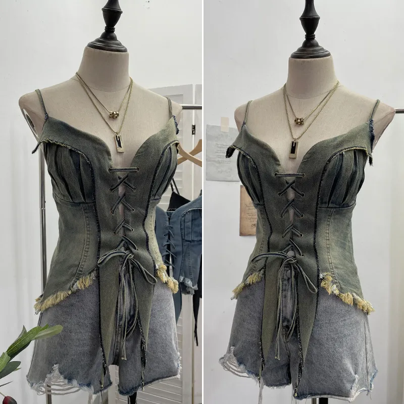 American Retro Spice Girl Lace-Up Tassel Denim Camisole Top - Sleeveless Navel-Baring Style for Women showcase 2